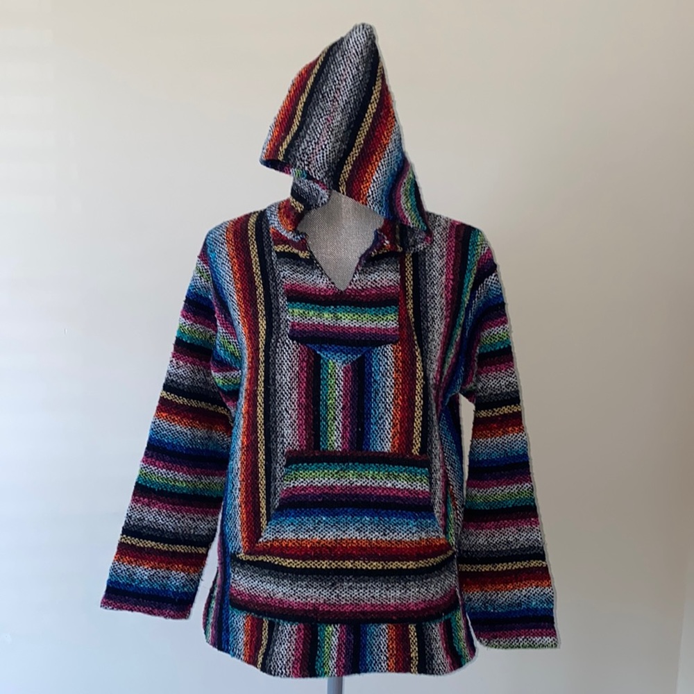 Baja Mexican Beach Colorful Striped Hoodie Sweatshirt by Frank’s Textiles Medium